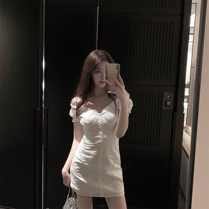 韩雨嘉v领法式白色连衣裙女夏短款修身收腰显...