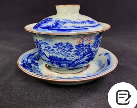 闲鱼景德镇盖碗青花瓷山水三才盖碗老陶泥开片...