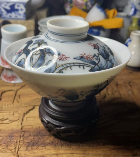 日本回流三才老盖碗。祥山款大正时期的濹彩复...