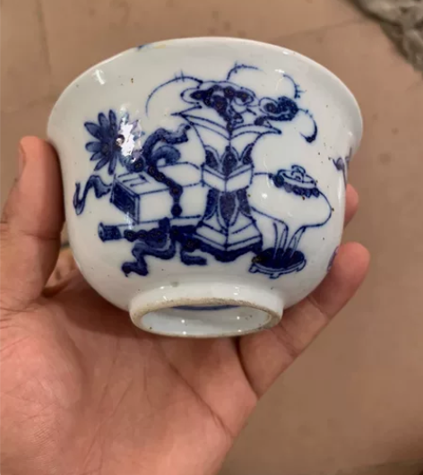 老康茶碗博古纹青花、碗口失圆尺寸高度10厘...