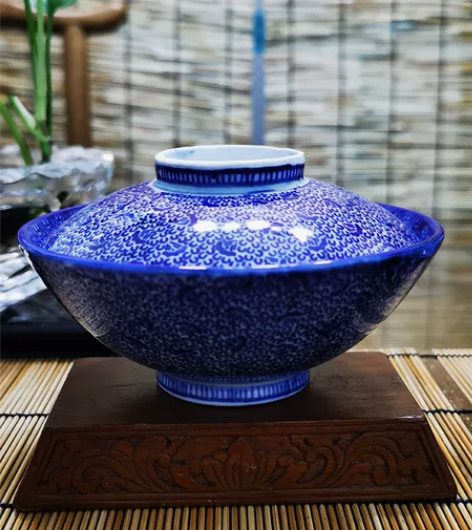 日本 老青花盖碗 微尘唐草纹样 天包地茶碗...