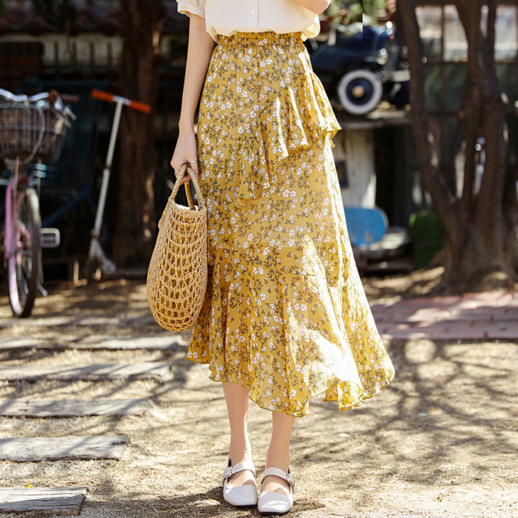 韩都衣舍2020夏装新款微胖长裙雪纺碎花鱼...