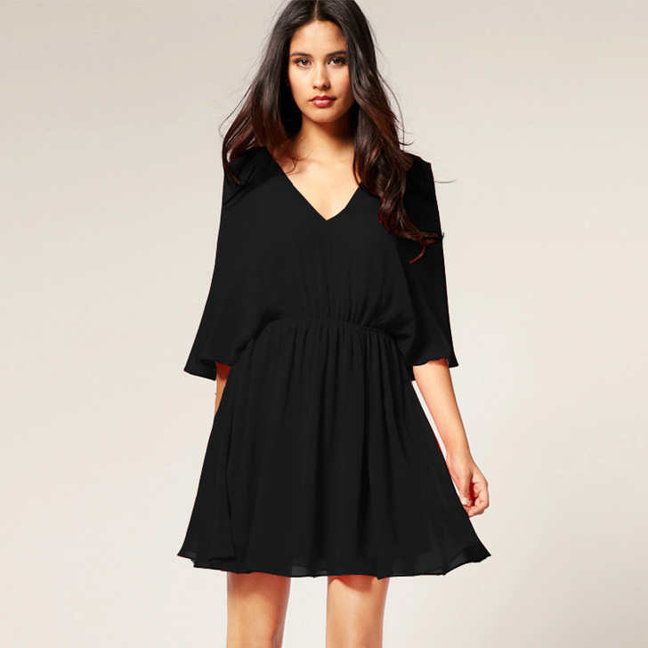 夏季红色雪纺连衣裙 性感V领大摆短袖高腰连...