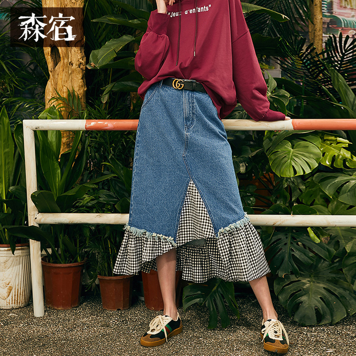 森宿 格子牛仔拼接鱼尾裙