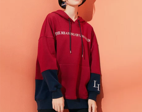 2018秋冬新款韩版加绒简约字母刺绣撞色拼...