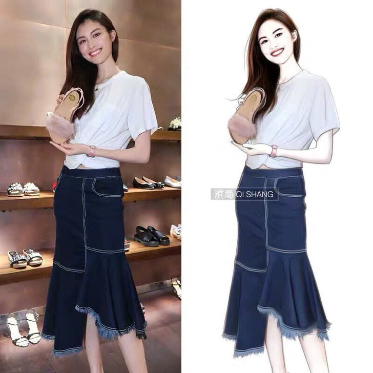 中长款高腰牛仔半身裙春夏女潮2018新款鱼...