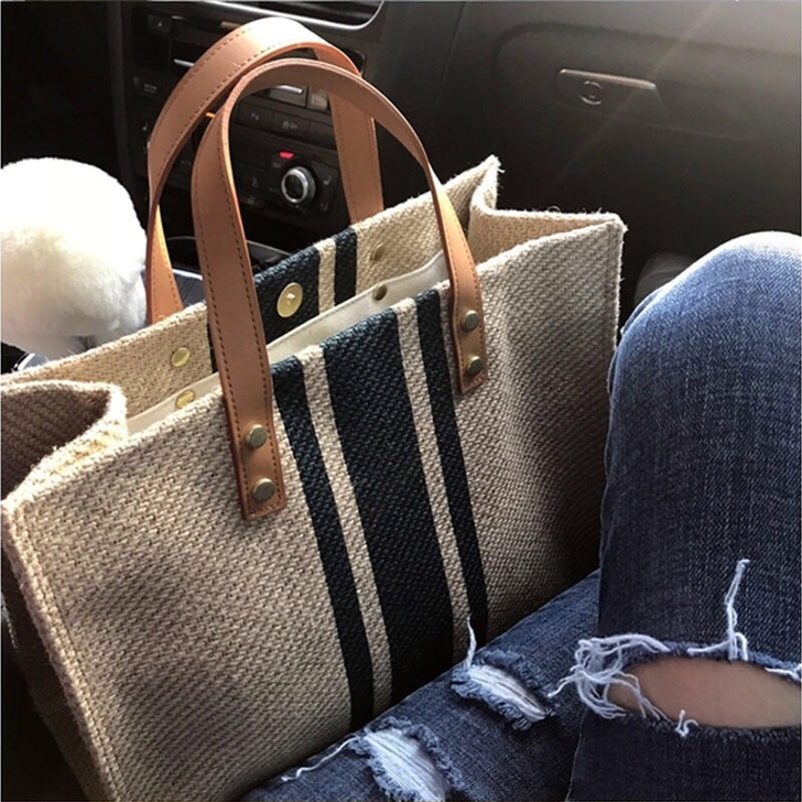 韩版女士手提公文包职业通勤条纹简约单肩大包...