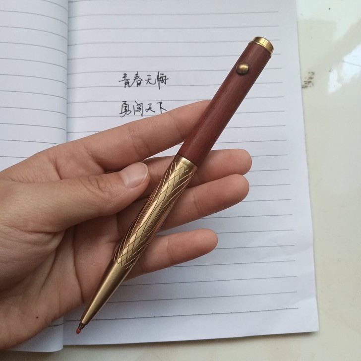 黄铜圆珠笔 红色科檀木签字笔 刻花工艺旋转...