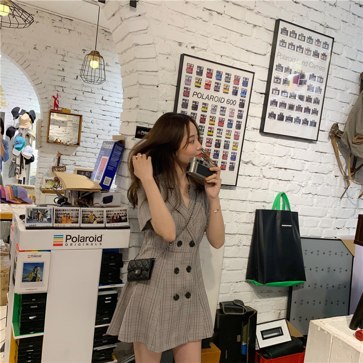 【楚楚】复古百搭双排扣高级格子西装裙修身高...