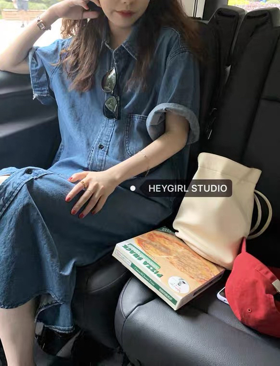 牛仔连衣裙女夏2021新款短袖翻领衬衫裙复...