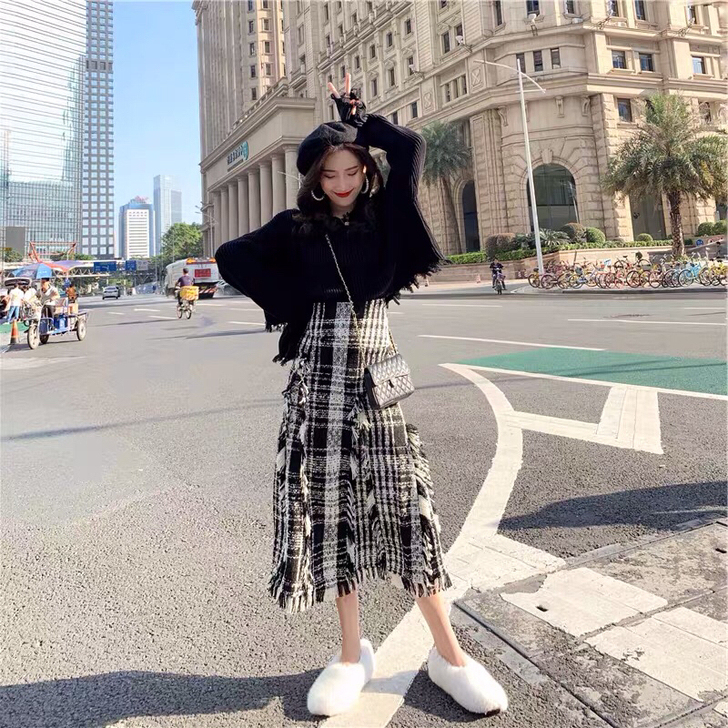 中长裙小香风半身裙粗花呢黑白格子流苏鱼尾裙...
