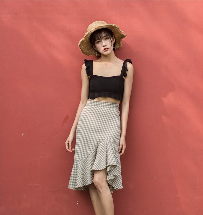 扑啦啦韩风Chic高腰修身显瘦格子半身裙鱼...