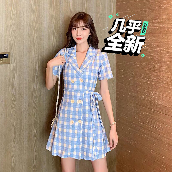 夏季新款复古心机裙子法式桔梗显瘦格子气质小...