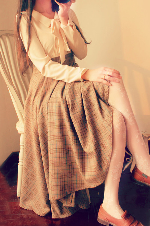 【包邮】春款优雅淑女名媛大摆长裙格子蝴蝶结...