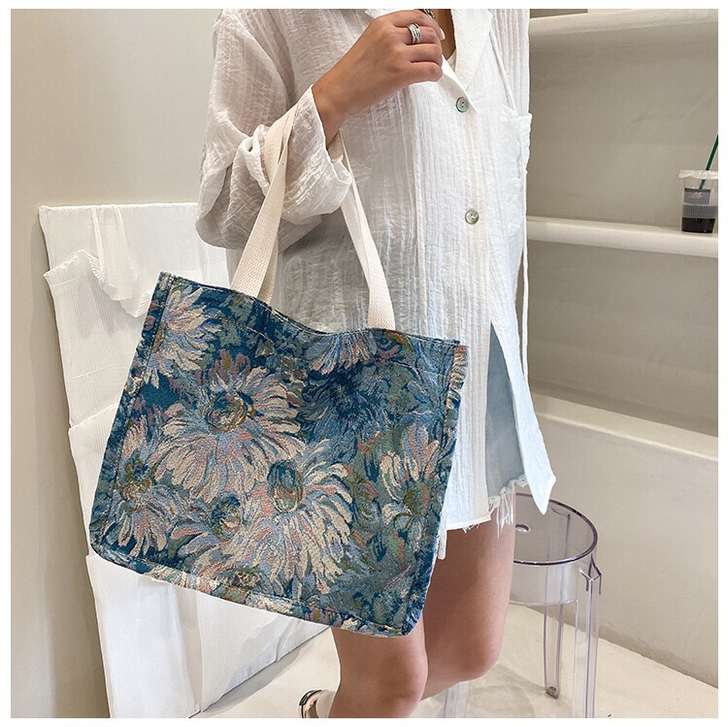 韩版大容量托特包女文艺油画印花手提包大学生...