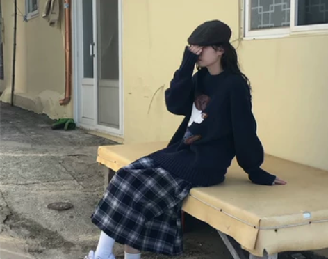黑白格子半身裙女秋冬中长款复古a型2020...