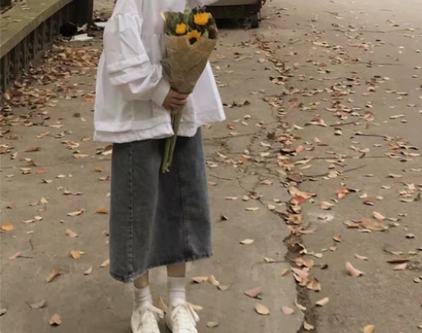 牛仔开叉半身裙女中长款小个子裙子宽松学生复...