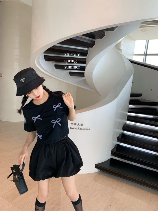 甜蜜升级嗲嗲蝴蝶结T恤女短款夏短袖纯色上衣