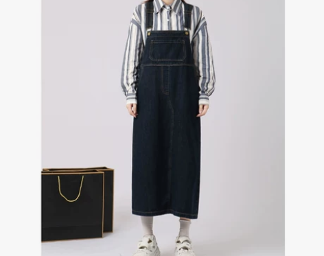 南相酱盐系深蓝色牛仔背带裙女秋冬复古宽松显...