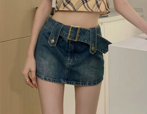 牛仔半身裙女秋冬季新款复古高腰显瘦辣妹超短...