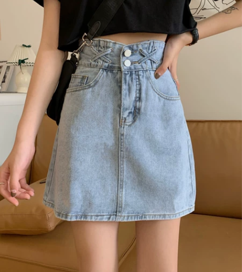 出 全新高腰牛仔半身裙绑带a字包臀裙显瘦 ...