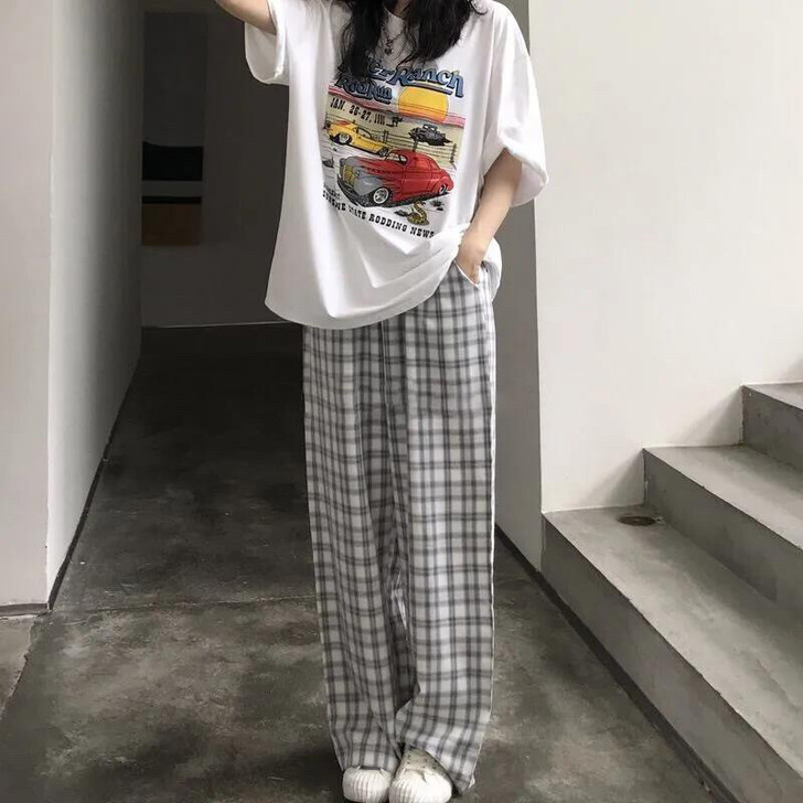 2021春季新款格子运动ins休闲直简裤女...