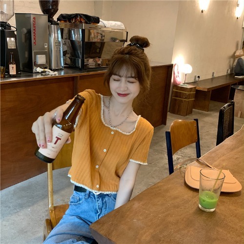 短款上衣配高腰阔腿裤女短袖设计感小众蕾丝法...