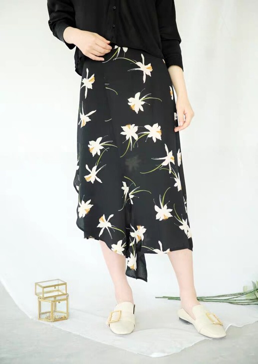 春夏雪纺印花半身裙中长款高腰不规则拼接鱼尾裙