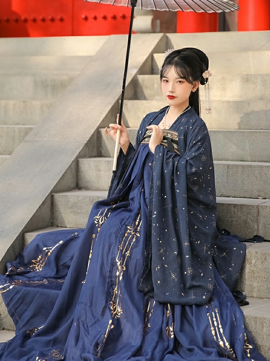 蓝璎珞 墨子研汉服女正品原创对襟齐胸襦裙烫...