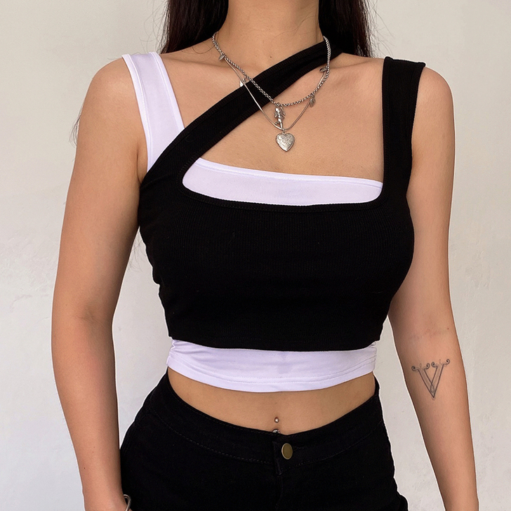 Amyway百搭夏季街头欧美风假两件拼接撞...