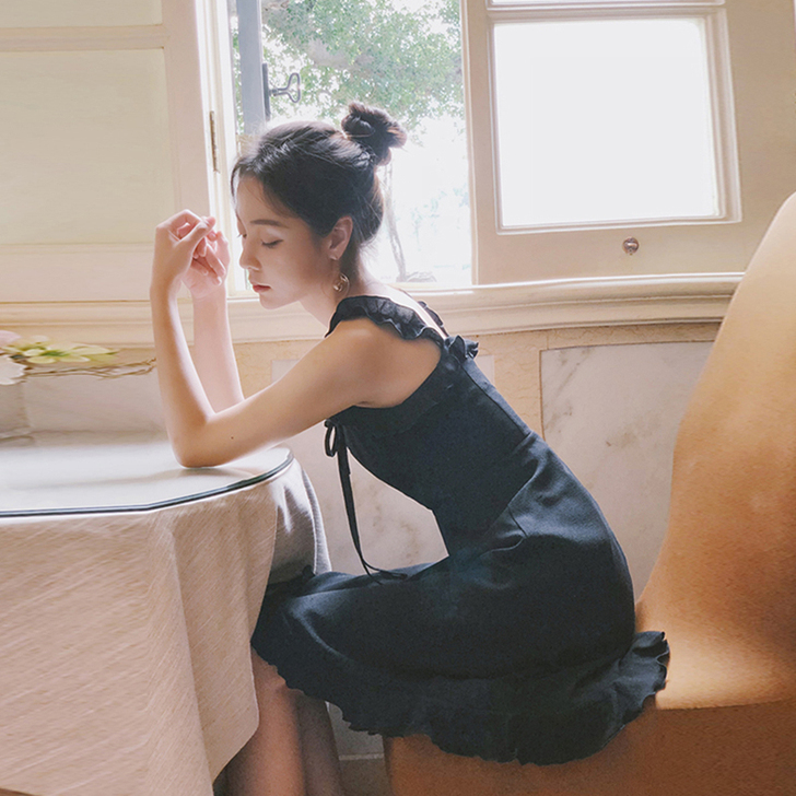 赫本小黑超仙女夏sukol少女黑极简主义吊...