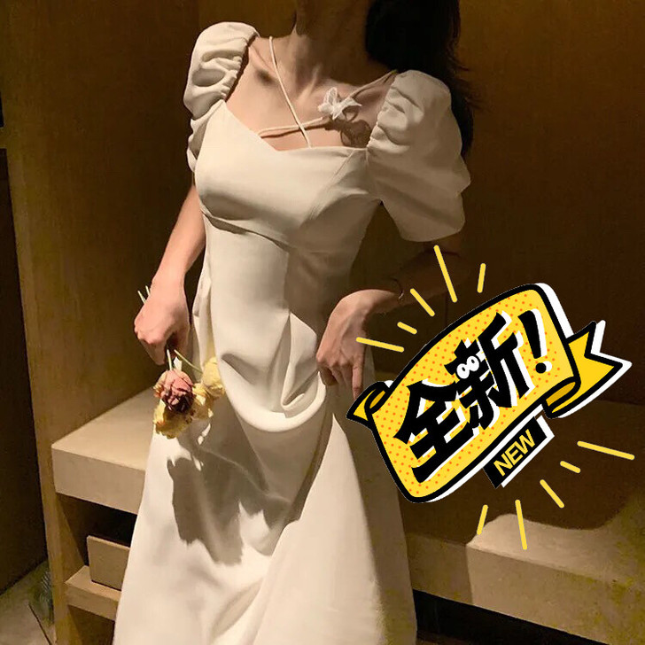 森系连衣裙女夏装高档温柔风长裙白色法式