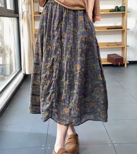 夏季复古森系亚麻印花半身裙松紧腰显瘦遮胯文...