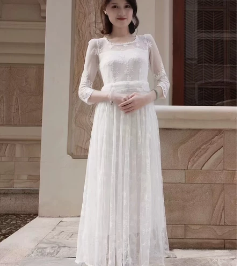 白色连衣裙气质甜美长款小清新复古大摆裙仙女...