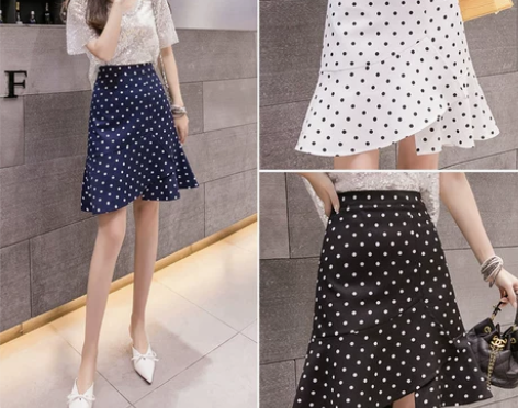 夏季2019新款时尚高腰荷叶边波点鱼尾裙超...
