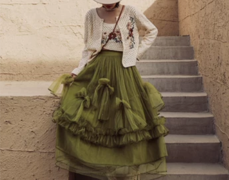 半身裙短裙麦叙春蝶橄榄绿立体蝴蝶结木耳边拼...