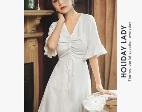 法式短袖白色连衣裙小个子女夏森系甜美v领抽...