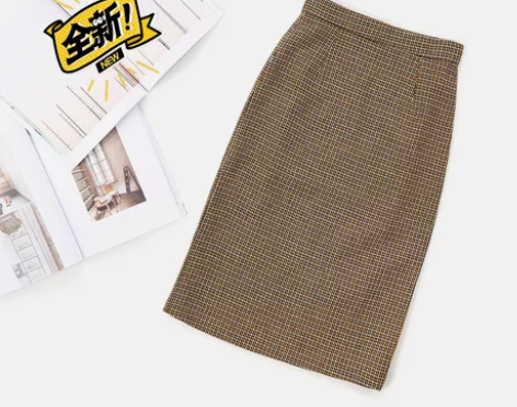 全新包邮外贸韩国潮牌修身千鸟格黄棕铅笔裙半...