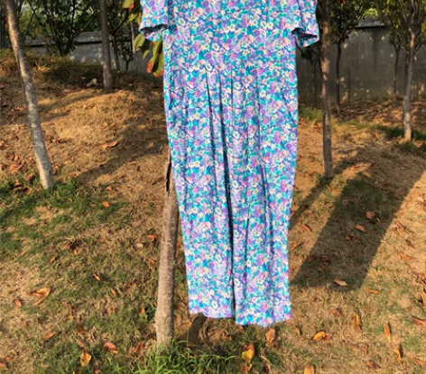 vintage古着碎花连衣裙花苞裙 有垫肩...