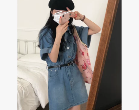 辣妹浅蓝短袖牛仔裙女夏季美式复古质感收腰显...