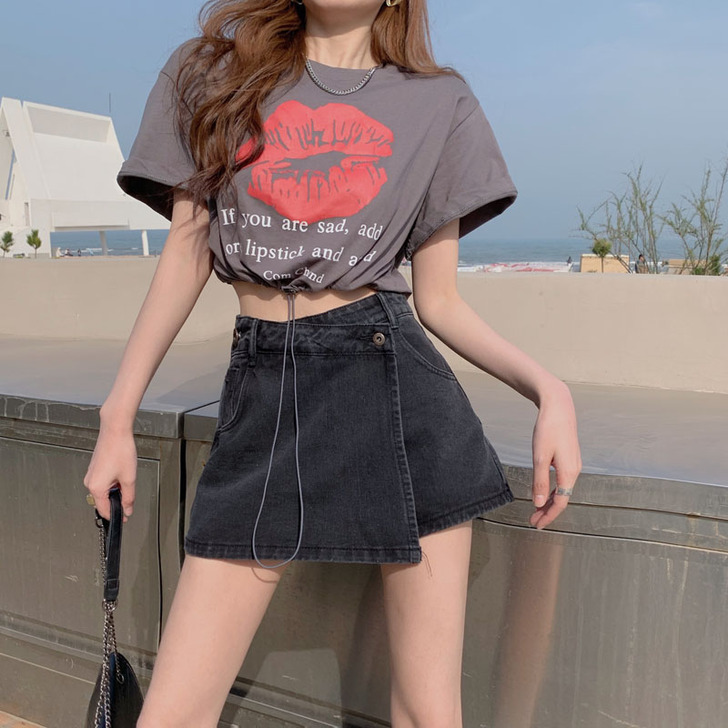 短款束腰上衣女夏2021年新款设计感抽绳系...