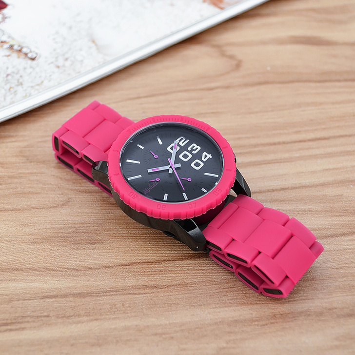 正品多功能防水手表女玫红酷黑色大表盘精钢胶...