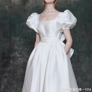 全新支持七天无理由退换货缎面婚纱赫本泡泡袖...