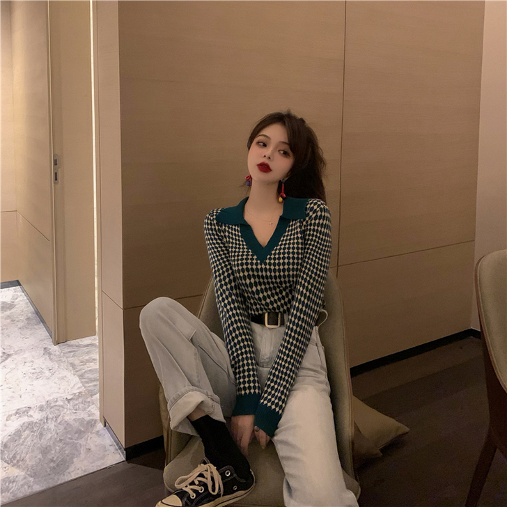 新款秋冬毛衣POLO领复古风衬衫毛衣女