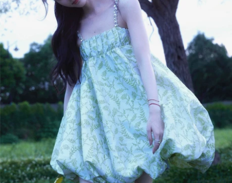 奶甜森系绿色蓬蓬裙2022夏季新款鞠婧祎同...