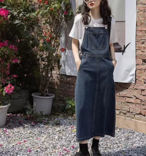 工装风高腰牛仔背带裙女夏季宽松边衣裙洋气减...