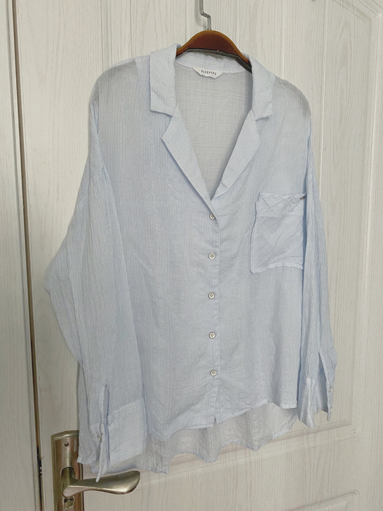 复古男友风西装翻领淡蓝色竖条纹柔软棉衬衫衬...