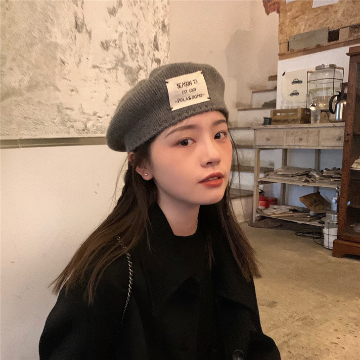 丁走走设计款贴布凹造型针织贝雷帽子女秋冬保...