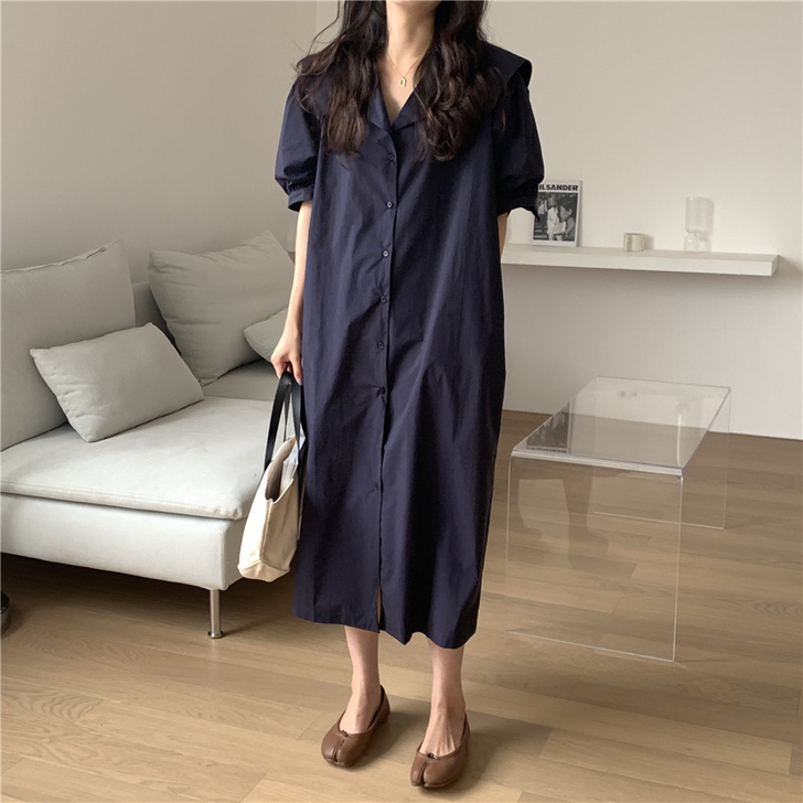 韩国chic极简主义夏季法式复古大翻领宽松...