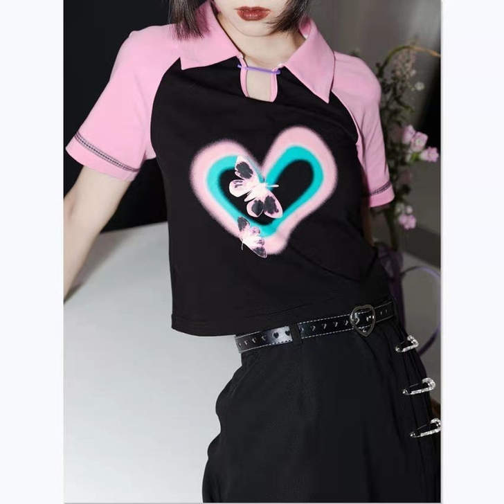 撞色插肩袖爱心印花T恤短款甜辣上衣
